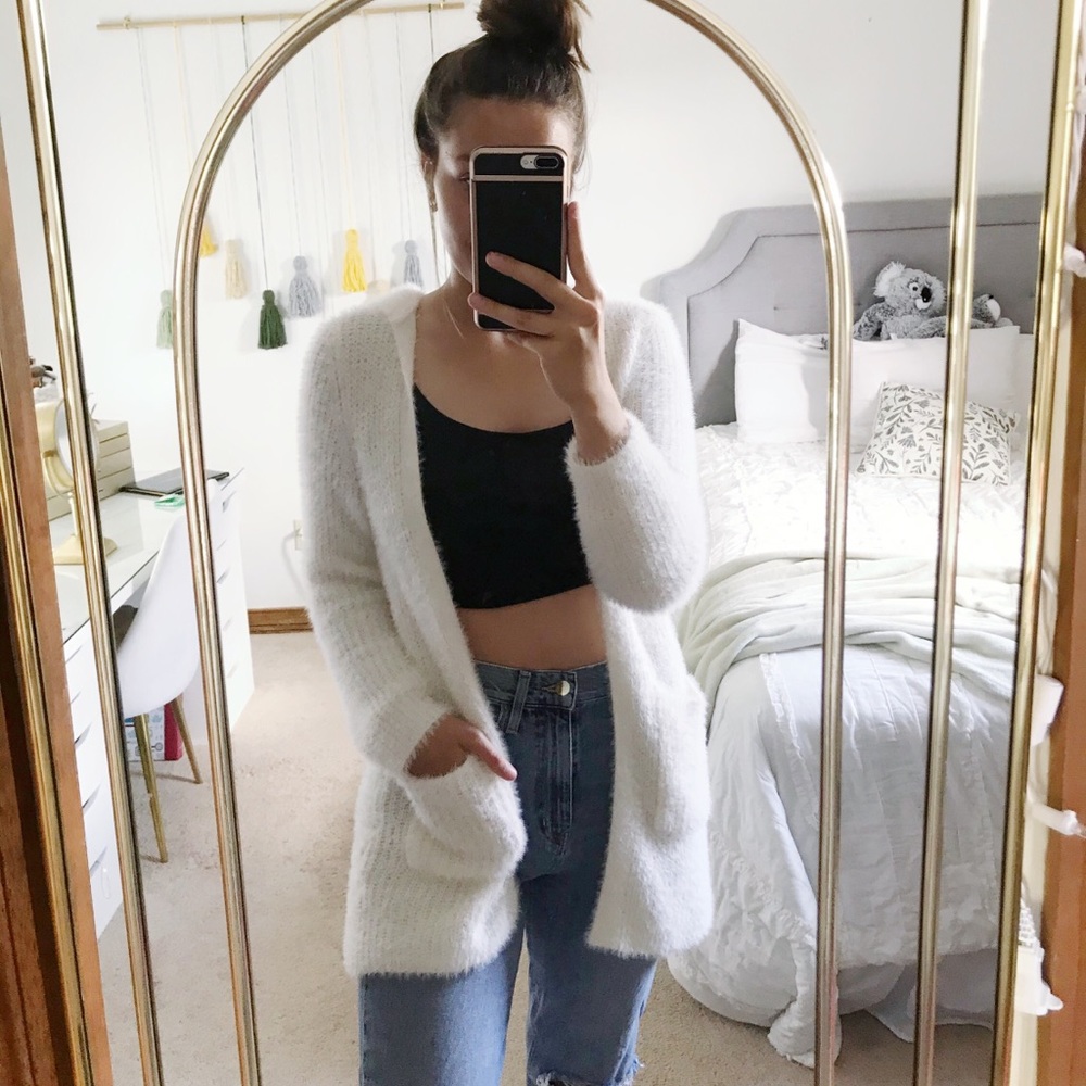 No Boundaries white fuzzy cardigan